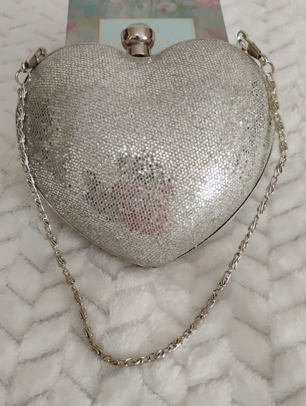 Silver Heart-Shaped Evening Clutch with Chain Strap